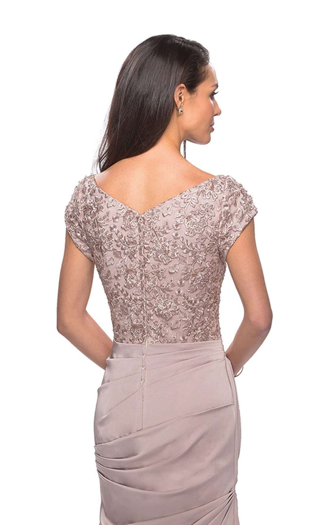 La Femme 26806C Jersey Embroidered Ruched V Neck Formal Dress