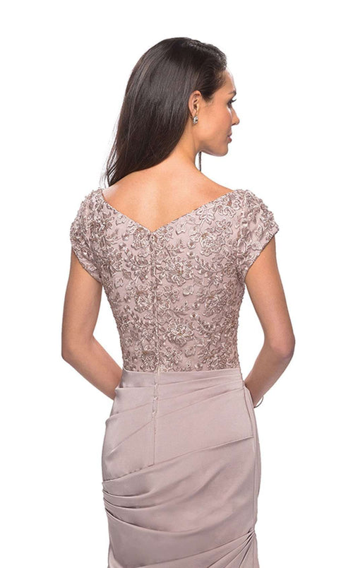 La Femme 26806C Jersey Embroidered Ruched V Neck Formal Dress