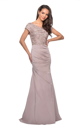 La Femme 26806C Jersey Embroidered Ruched V Neck Formal Dress