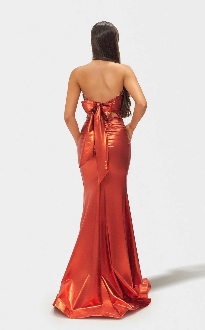 Jessica Angel JA2685 Strapless Sweetheart Fitted High Slit Foil Jersey Dress