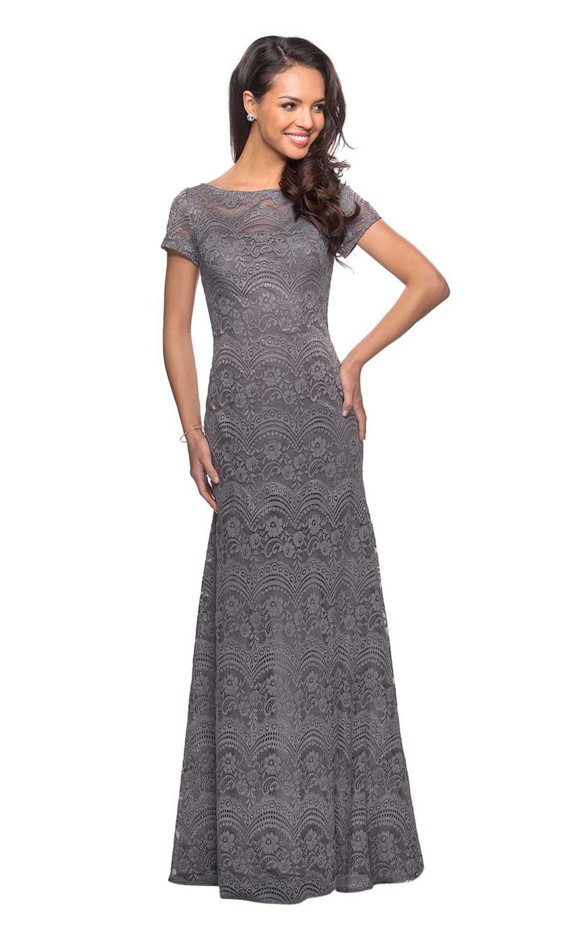 La Femme 26875C Lace Embroidered Slit Short Sleeves Formal Dress