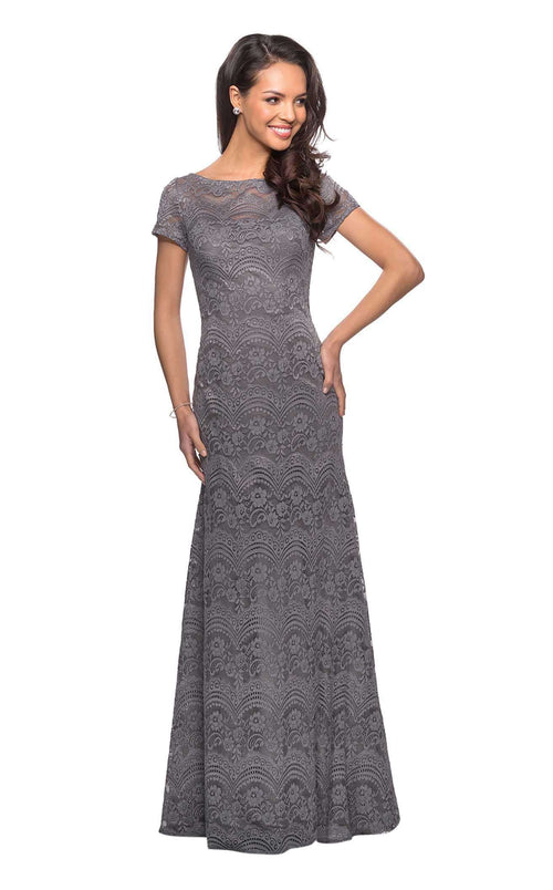 La Femme 26875C Lace Embroidered Slit Short Sleeves Formal Dress