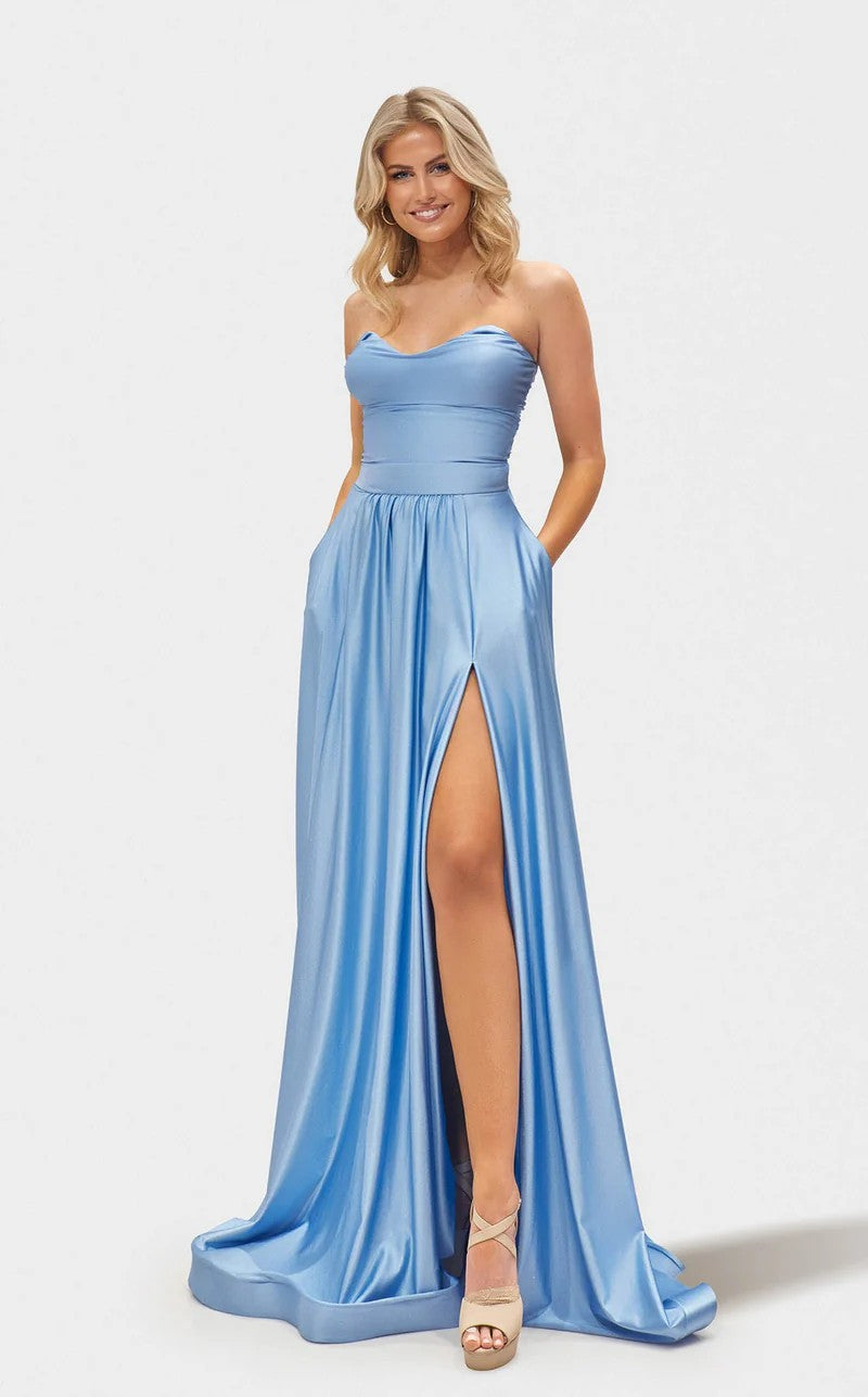 Strapless Sweetheart A-Line High Slit Prom Jersey Gown JA2688 by Jessica Angel Light Blue / 4X