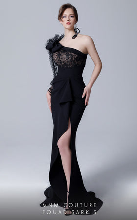 Fouad Sarkis 2690 Asymmetrical Lace & Draped Slit Gown