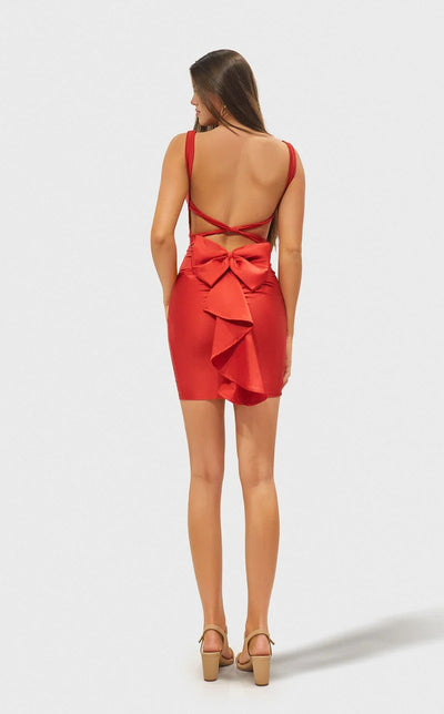 Jessica Angel JA2694 V-Neck Sleeveless Sheath Open Back Mini Dark Orange Jersey Dress