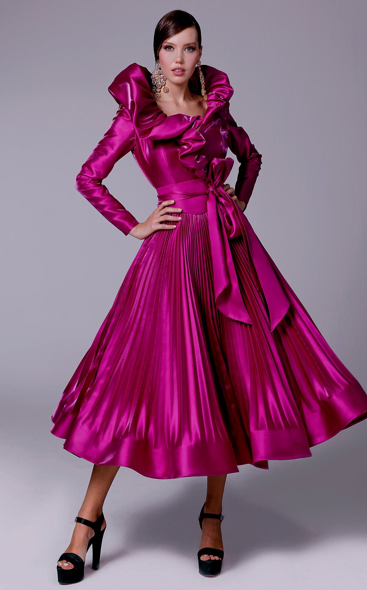 Fouad Sarkis 2696 Blue Ruffled Collar Satin Tea-Length Gown