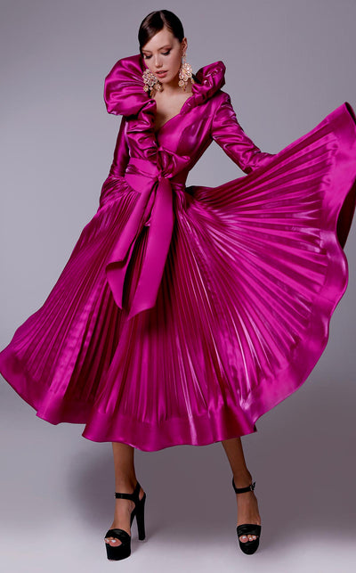 Fouad Sarkis 2696 Blue Ruffled Collar Satin Tea-Length Gown