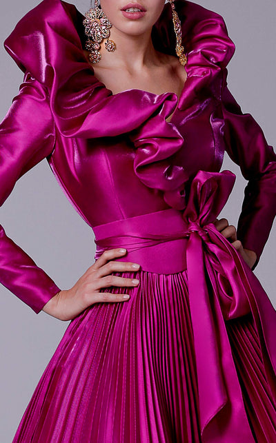 Fouad Sarkis 2696 Blue Ruffled Collar Satin Tea-Length Gown