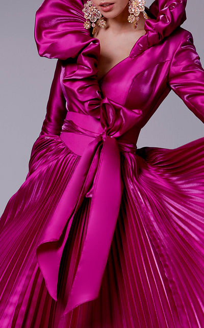 Fouad Sarkis 2696 Blue Ruffled Collar Satin Tea-Length Gown