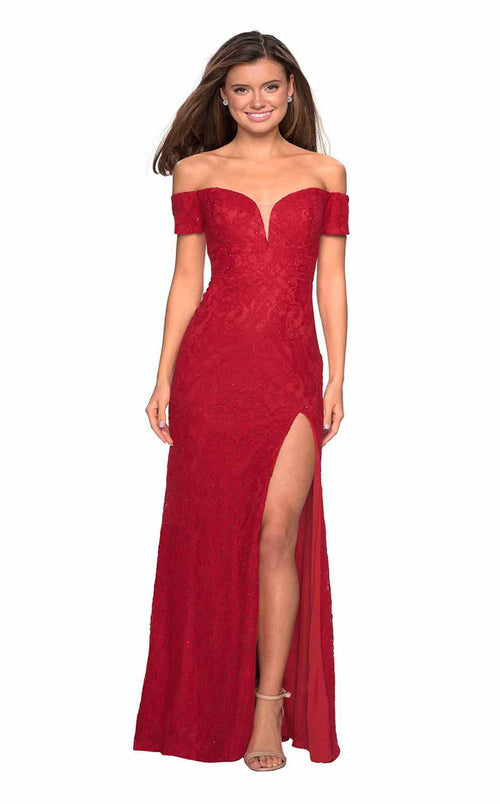 La Femme 26998C Lace Embroidered Slit Sweetheart Prom Dress