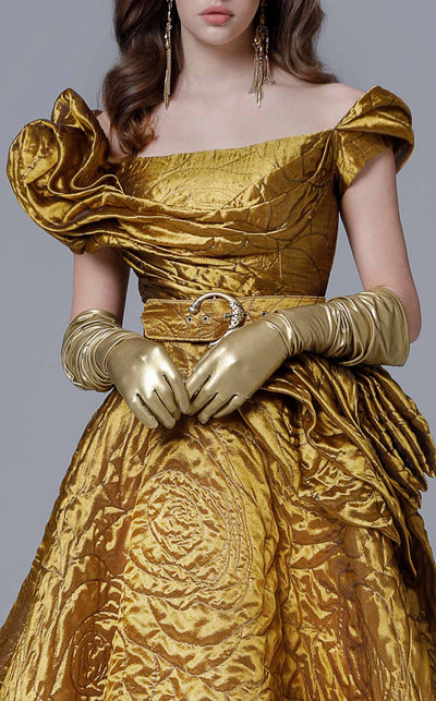 MNM Couture 2699 Mustard Sculpted Sleeve Ball Gown