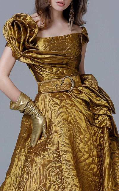 MNM Couture 2699 Mustard Sculpted Sleeve Ball Gown