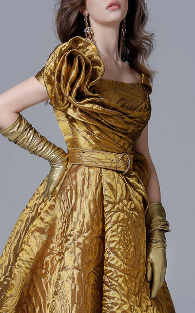 MNM Couture 2699 Mustard Sculpted Sleeve Ball Gown