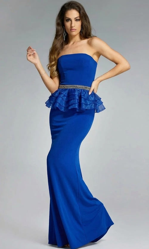 Strapless Sheath Gown with Beaded Peplum Detail By Jovani 44382