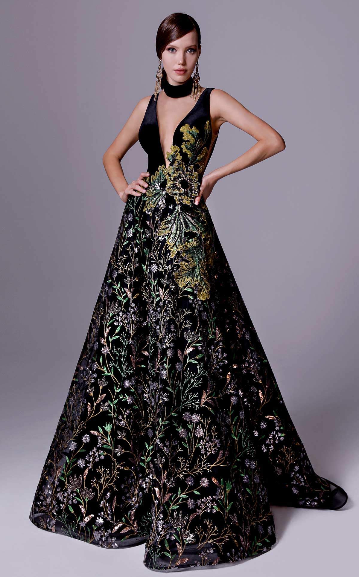 Fouad Sarkis 2707 Plunging Embroidered Ball Gown in Black