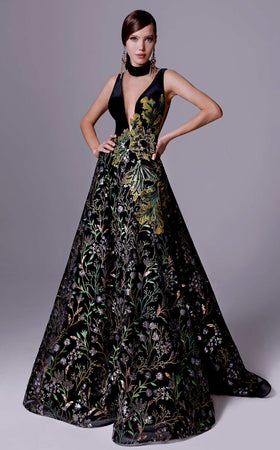 Fouad Sarkis 2707 Plunging Embroidered Ball Gown in Black