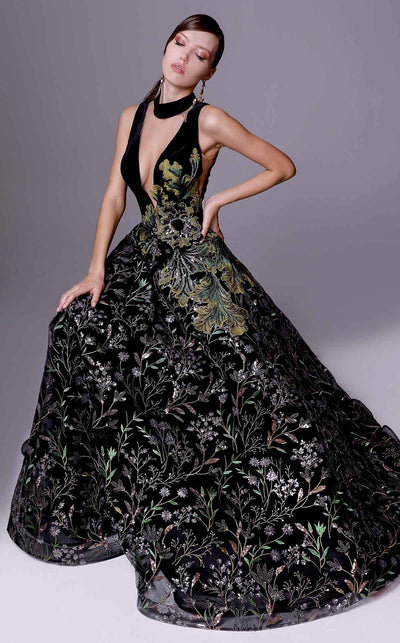 Fouad Sarkis 2707 Plunging Embroidered Ball Gown in Black