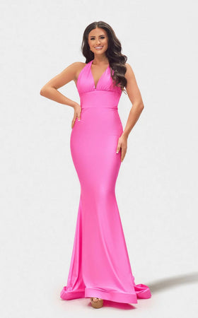 Jessica Angel JA2710 Halter Mermaid Open Back Train Prom Formal Neon Pink Jersey Dress