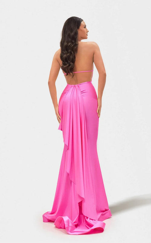 Jessica Angel JA2710 Halter Mermaid Open Back Train Prom Formal Neon Pink Jersey Dress