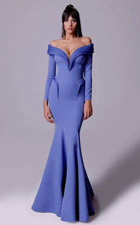 Fouad Sarkis 2711 Off-Shoulder Structured Mermaid Gown in Burgundy – MNM Couture