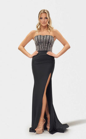Jessica Angel JA2712 Strapless Fitted High Slit Lace-Up Back Beaded Jersey Dress