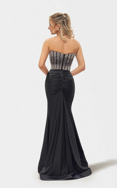 Jessica Angel JA2712 Strapless Fitted High Slit Lace-Up Back Beaded Jersey Dress