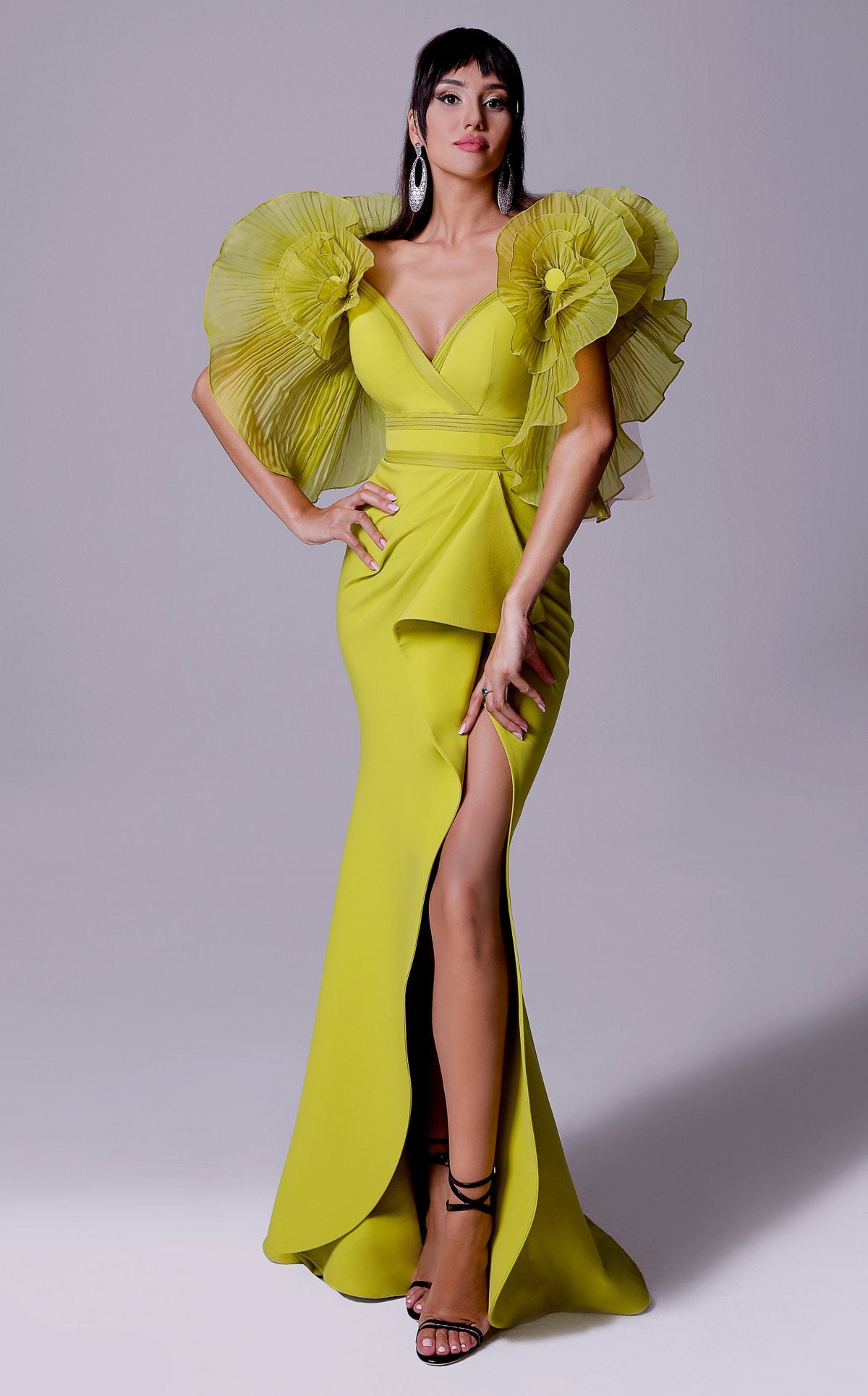 Fouad Sarkis 2712 Statement Ruffled Sleeve Slit Gown