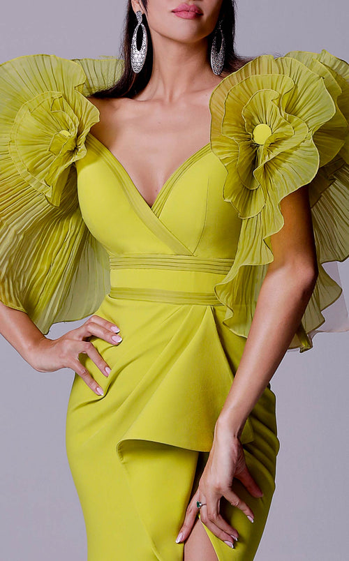 Fouad Sarkis 2712 Statement Ruffled Sleeve Slit Gown