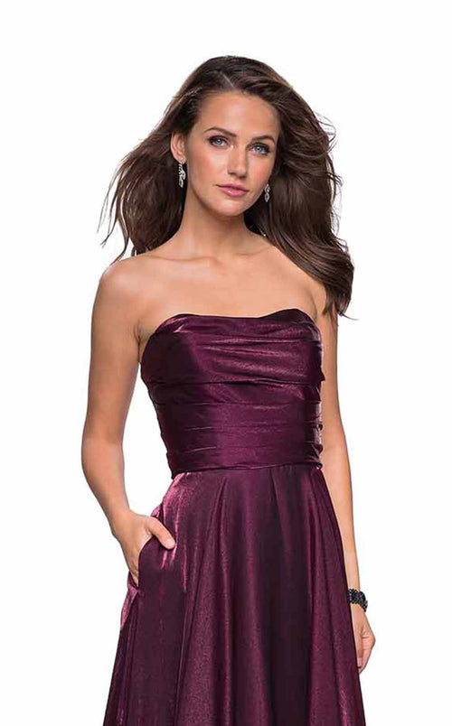 La Femme 27130C Satin Ruched Open Back Sweetheart Prom Dress