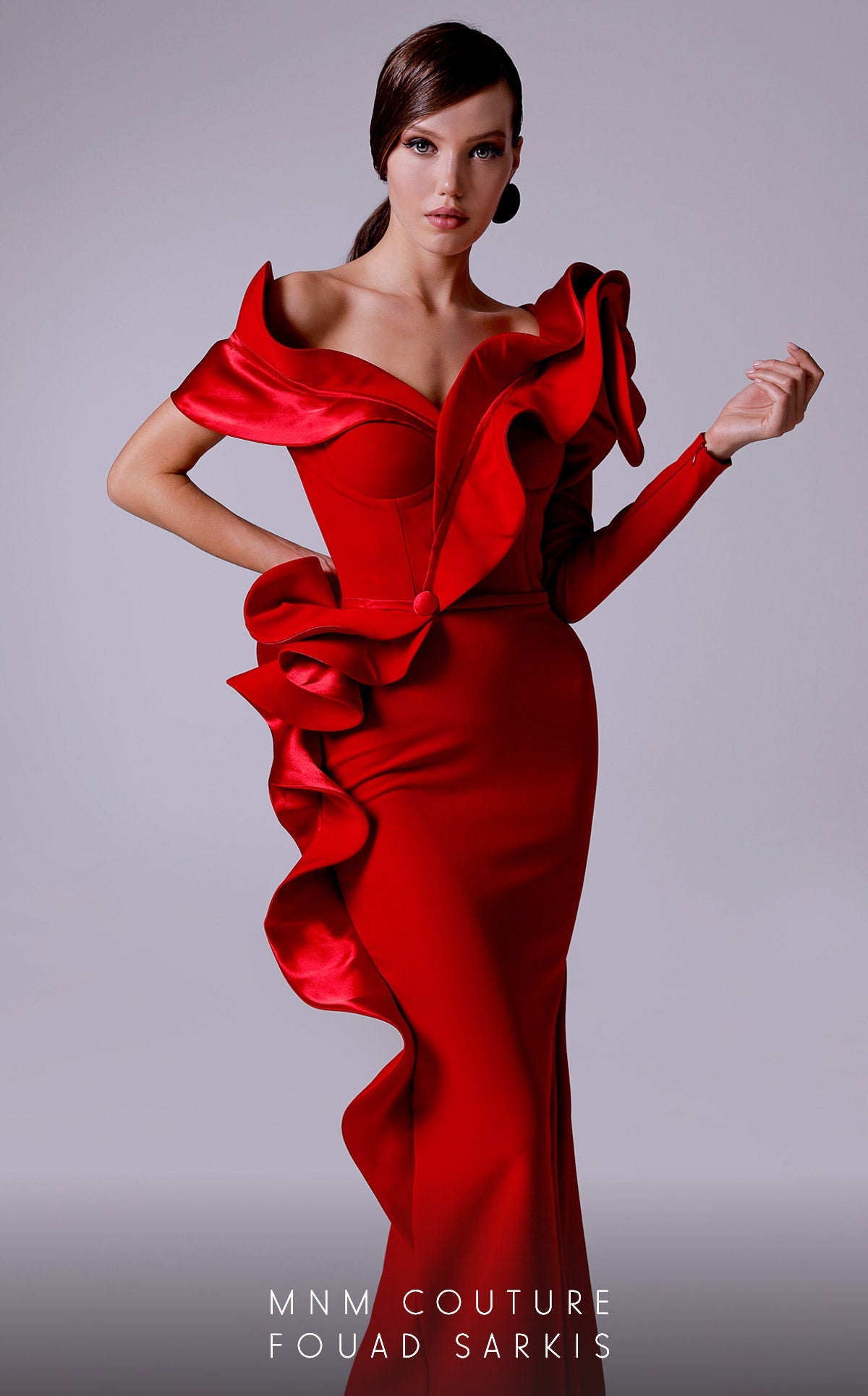 Fouad Sarkis 2714 Sculpted Ruffle Off-Shoulder Gown