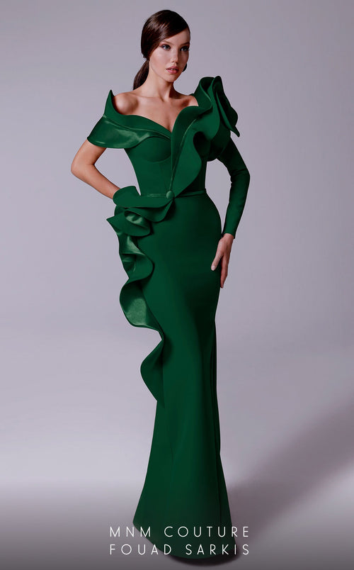 Fouad Sarkis 2714 Sculpted Ruffle Off-Shoulder Gown