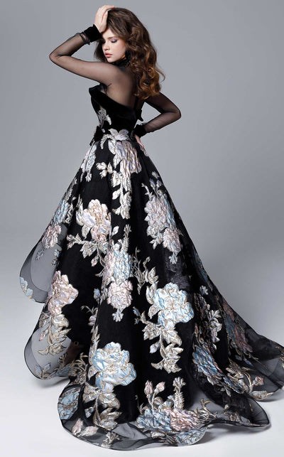 MNM Couture 2715 Sheer Bodice Floral High-Low Gown in Black