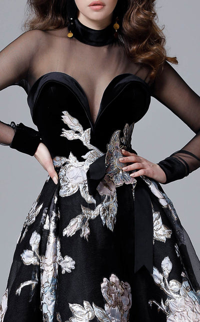 MNM Couture 2715 Sheer Bodice Floral High-Low Gown in Black