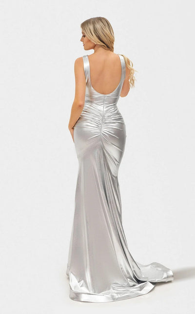 Jessica Angel JA2726 Deep V-Neck Sleeveless Fitted Prom Foil Jersey Dress