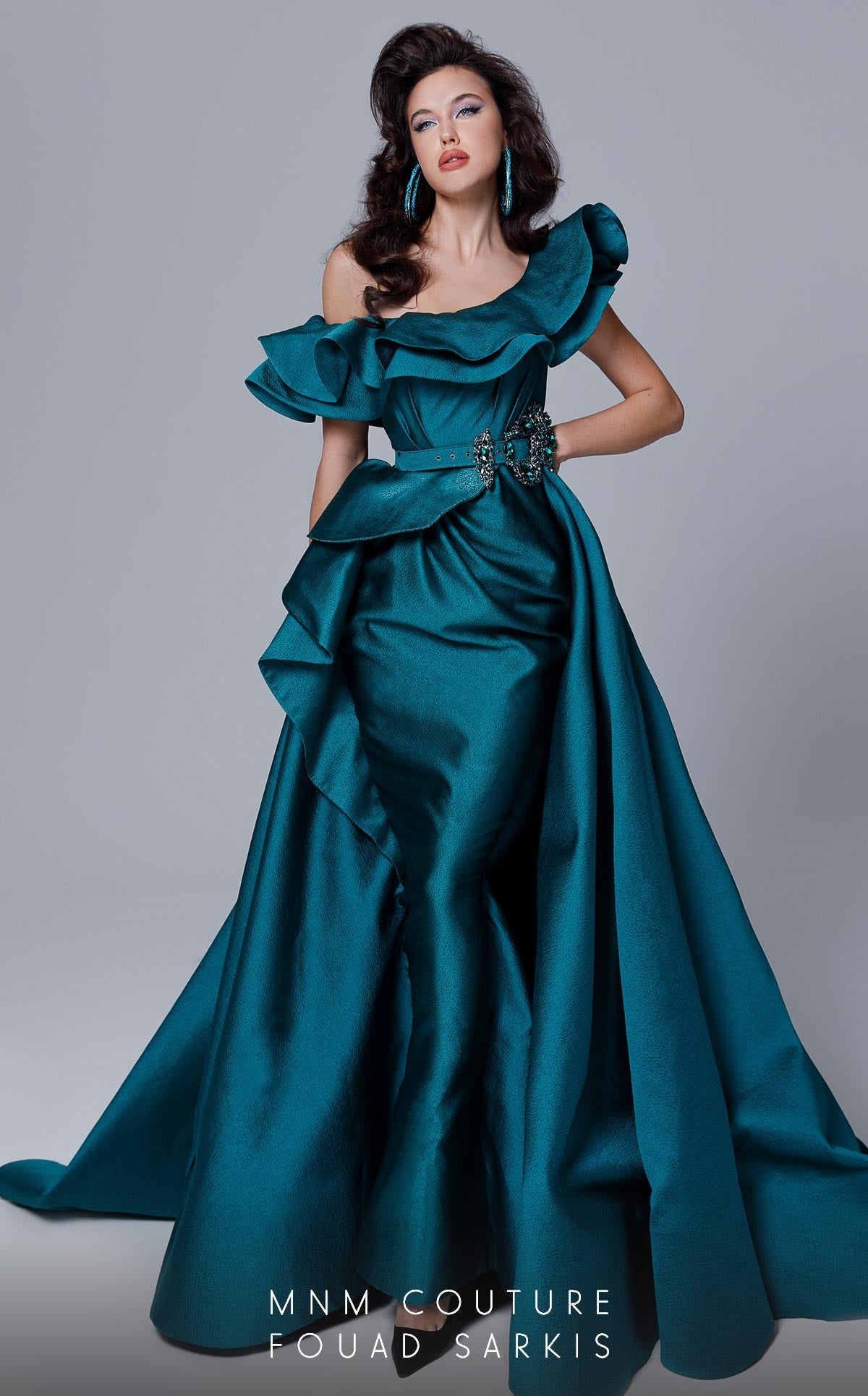 Fouad Sarkis 2727 Ruffled One-Shoulder Gown in Teal