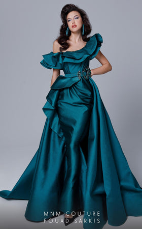Fouad Sarkis 2727 Ruffled One-Shoulder Gown in Teal