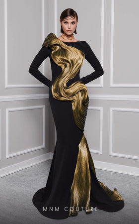 MNM Couture 2730A Jewel Neck Draped Mermaid Gown in Black/Olive