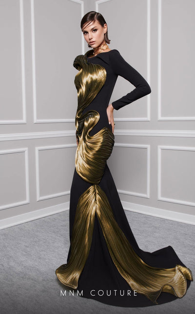 MNM Couture 2730A Jewel Neck Draped Mermaid Gown in Black/Olive