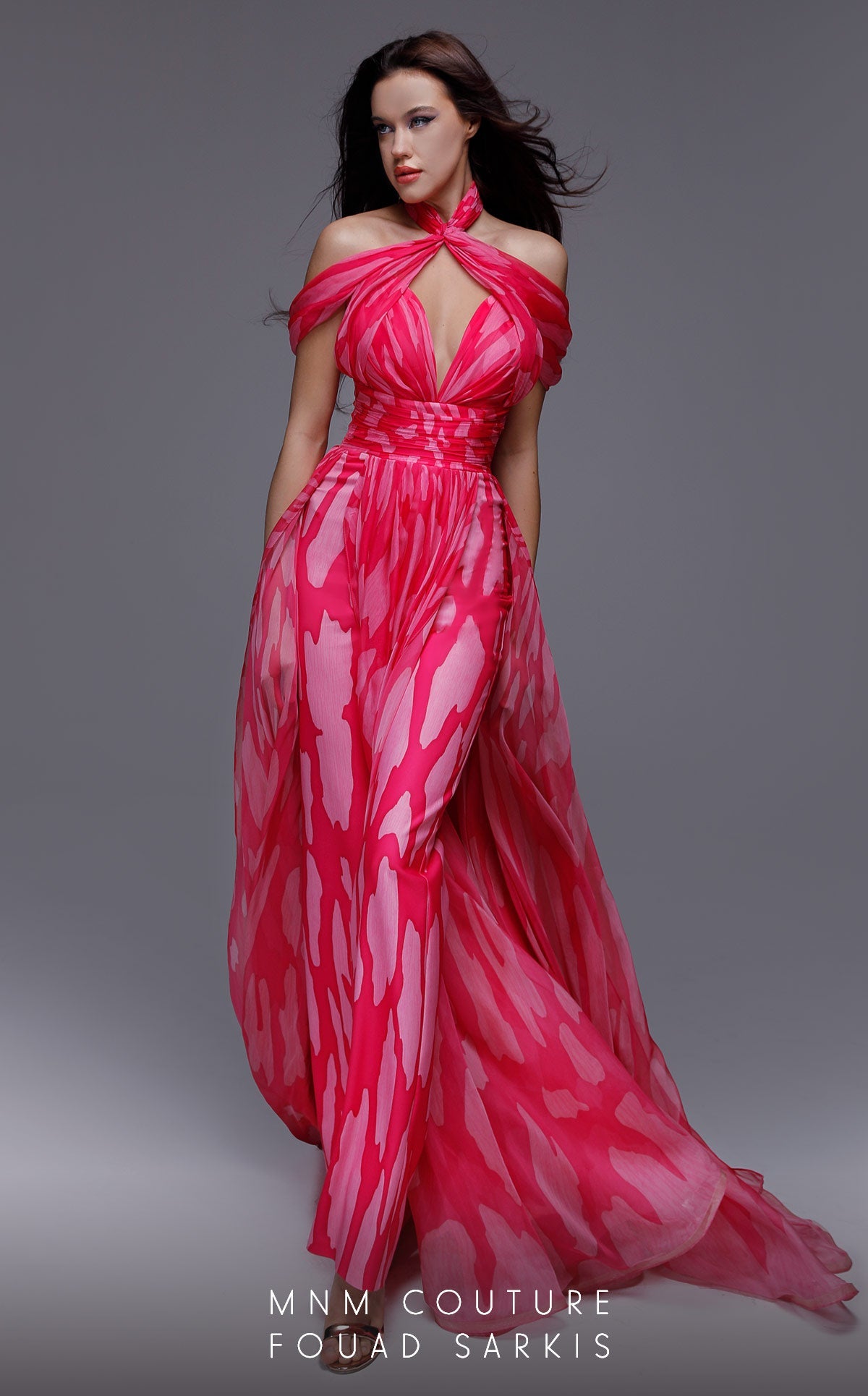Fouad Sarkis 2734 Halter Neck Draped Print Gown