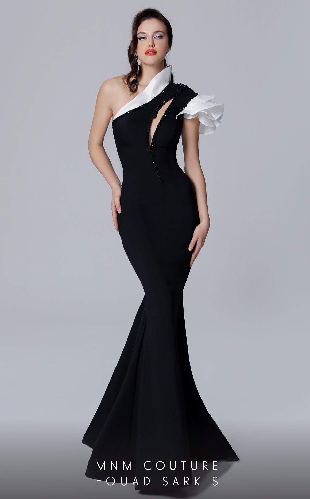 Fouad Sarkis 2736 One-Shoulder Contrast Ruffle Gown by MNM Couture