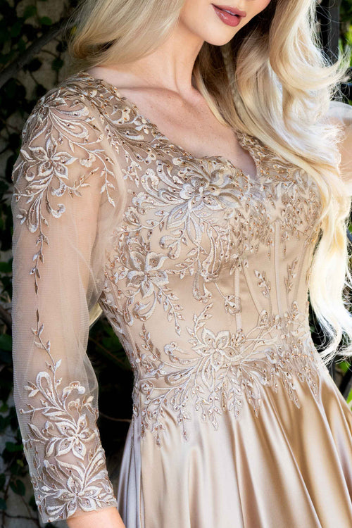 Satin A-Line Evening Gown with Lace Appliqué Bodice, 3/4 Illusion Sleeves & Pockets by Lenovia 8435
