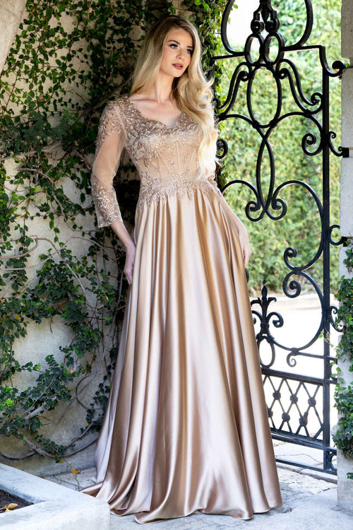 Satin A-Line Evening Gown with Lace Appliqué Bodice, 3/4 Illusion Sleeves & Pockets by Lenovia 8435