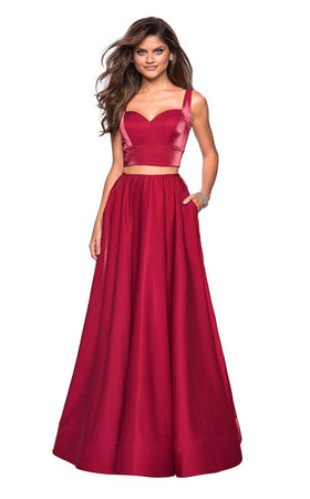 La Femme 27444C Satin Open Back Slit Sweetheart Prom Dress