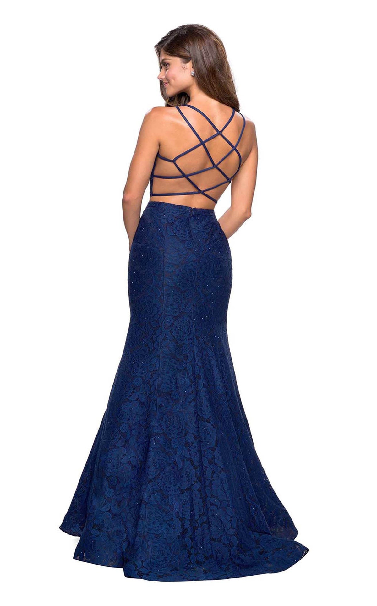 La Femme 27452C Lace Embroidered Slit Halter Prom Dress