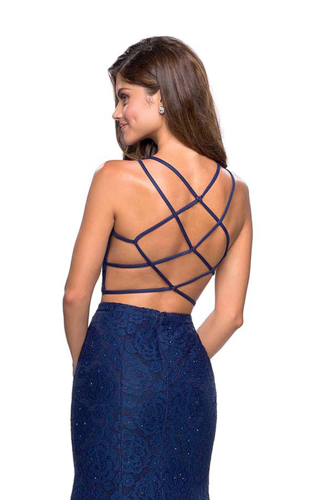 La Femme 27452C Lace Embroidered Slit Halter Prom Dress