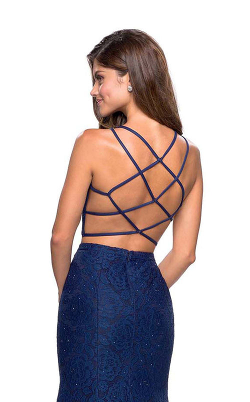 La Femme 27452C Lace Embroidered Slit Halter Prom Dress