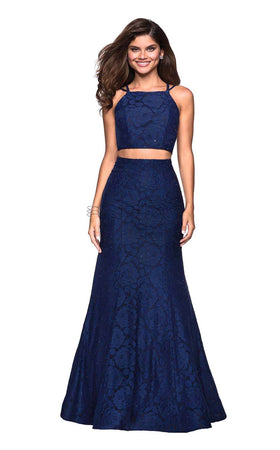 La Femme 27452C Lace Embroidered Slit Halter Prom Dress