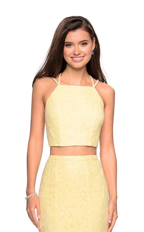 La Femme 27452C Lace Embroidered Slit Halter Prom Dress