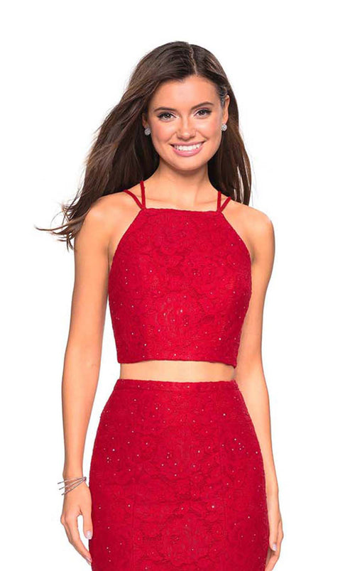 La Femme 27452C Lace Embroidered Slit Halter Prom Dress