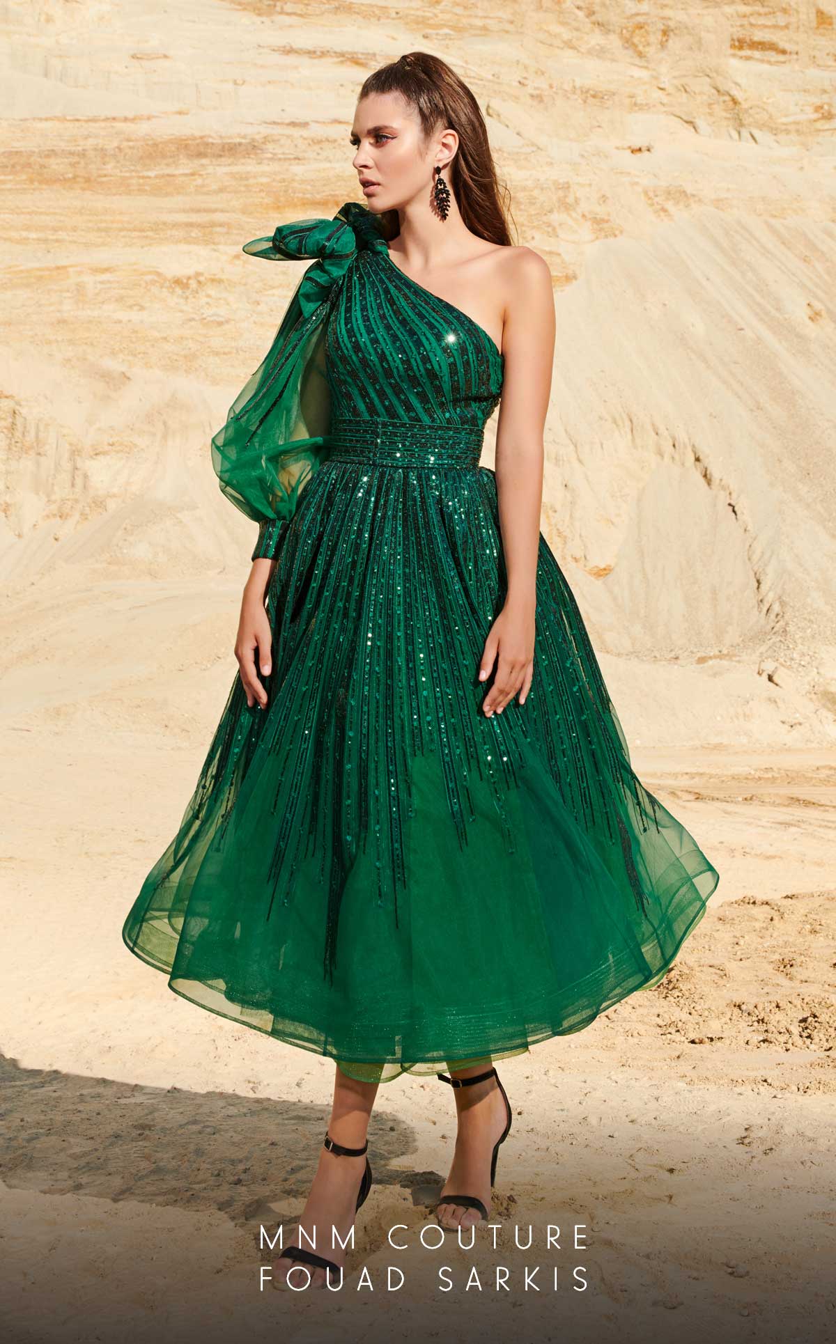 Fouad Sarkis 2745 One-Shoulder Tea-Length Gown